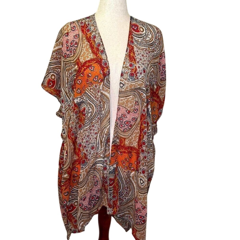 Jessica McClintock ruana orange pattern silver beading boho cover up  One Size